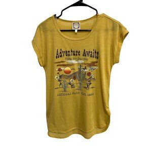 Truself Womens Adventure Awaits Yellow Graphic Scoop Neck Tee Size Small Casual
